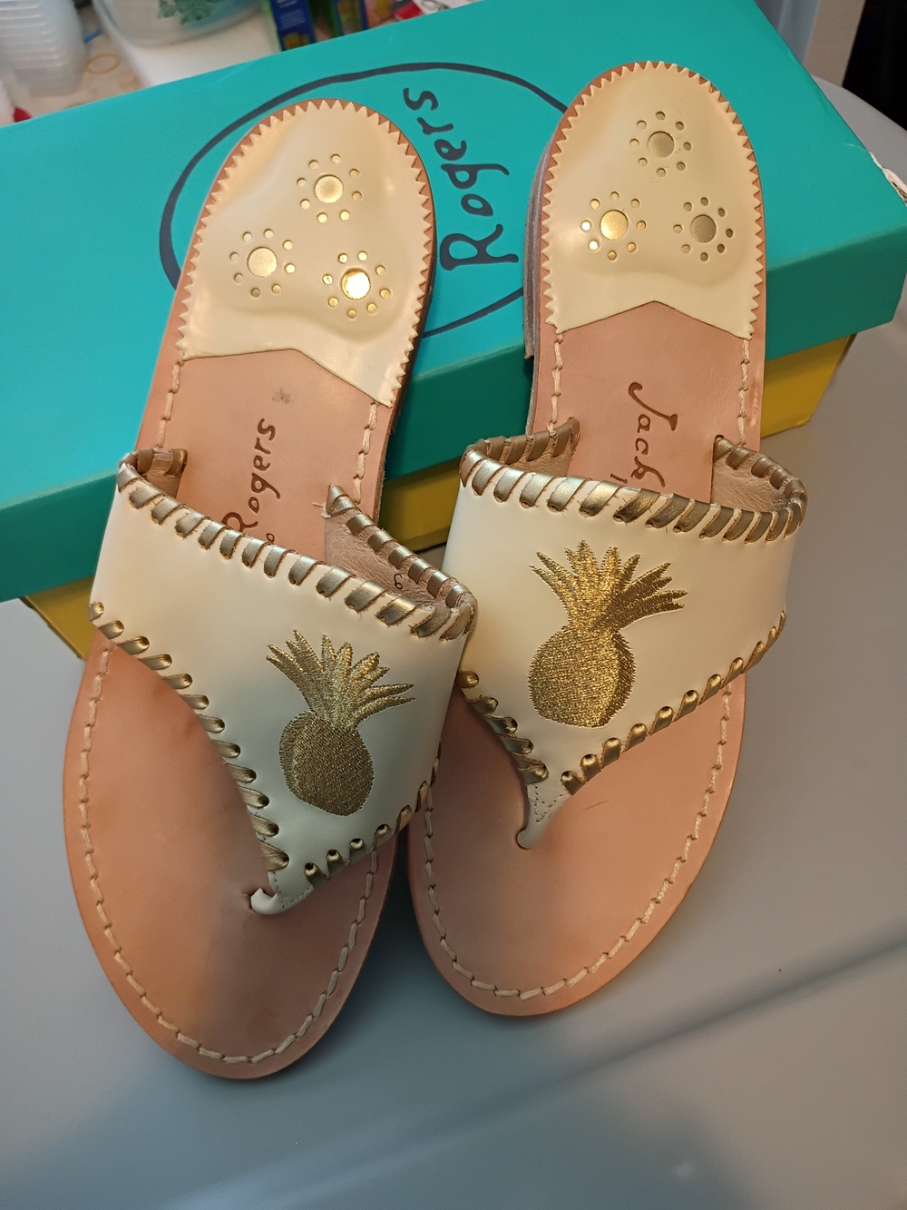 Jack Rogers Cream Leather Sandals with Gold Pineapple